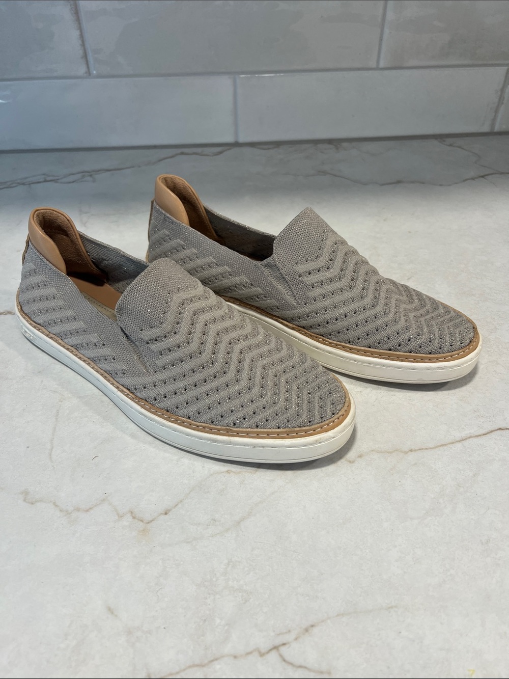 UGG Men's Slip-On Knit Loafers in Light Gray with Tan Trim